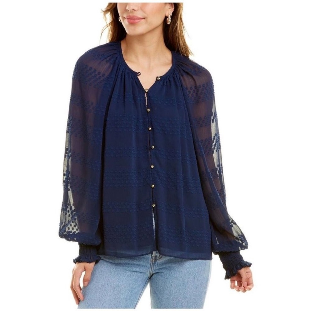 Ramy Brook | Blue Semi Sheer Swiss Dot Gold Button Peasant Blouse Size Small